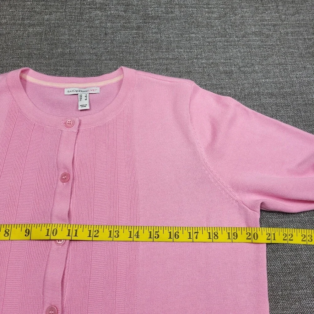 Isaac Mizrahi Live Button Front Border Stitch Cardigan Small Sz Pink Modern Top - Picture 2 of 10